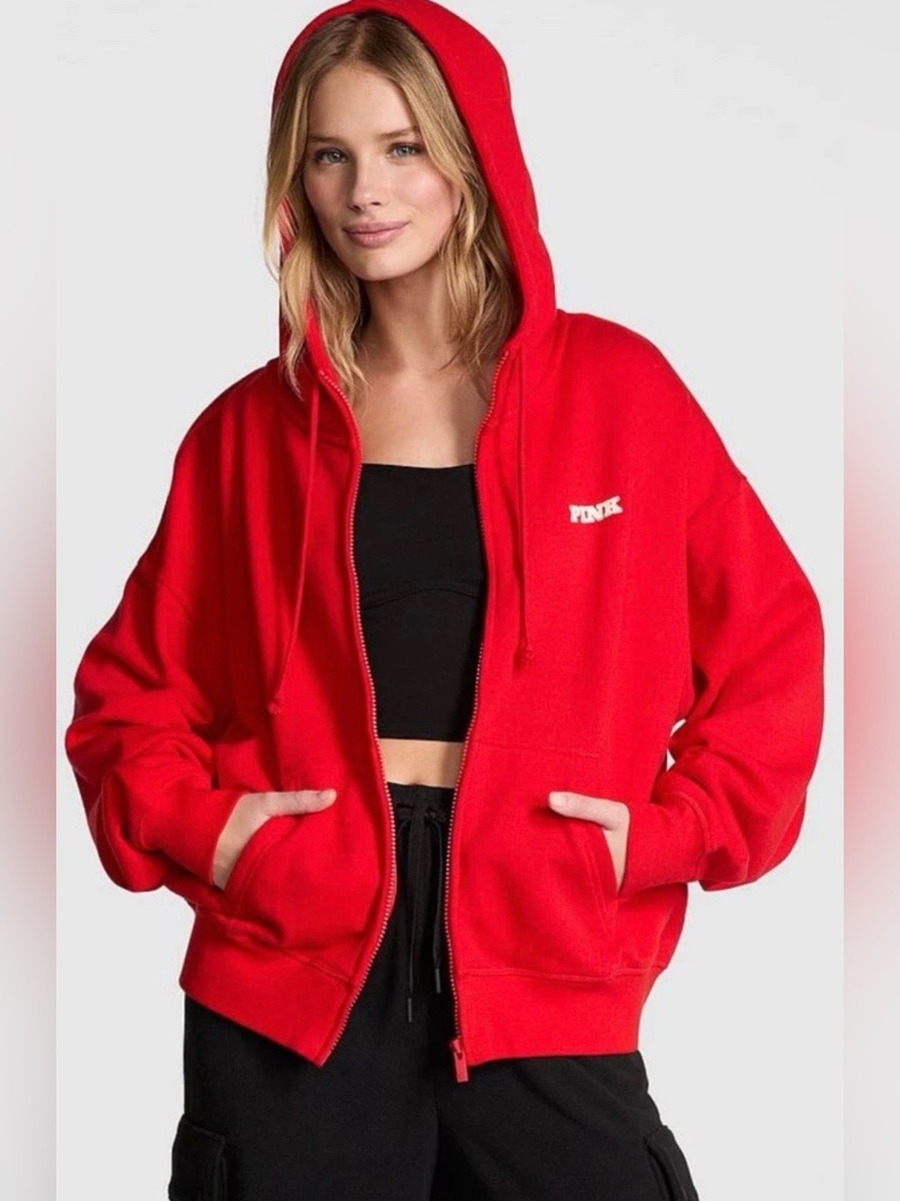 Victoria’s Secret PINK Ivy Fleece Campus Vermillion Red Full Zip Hoodie Sz Large